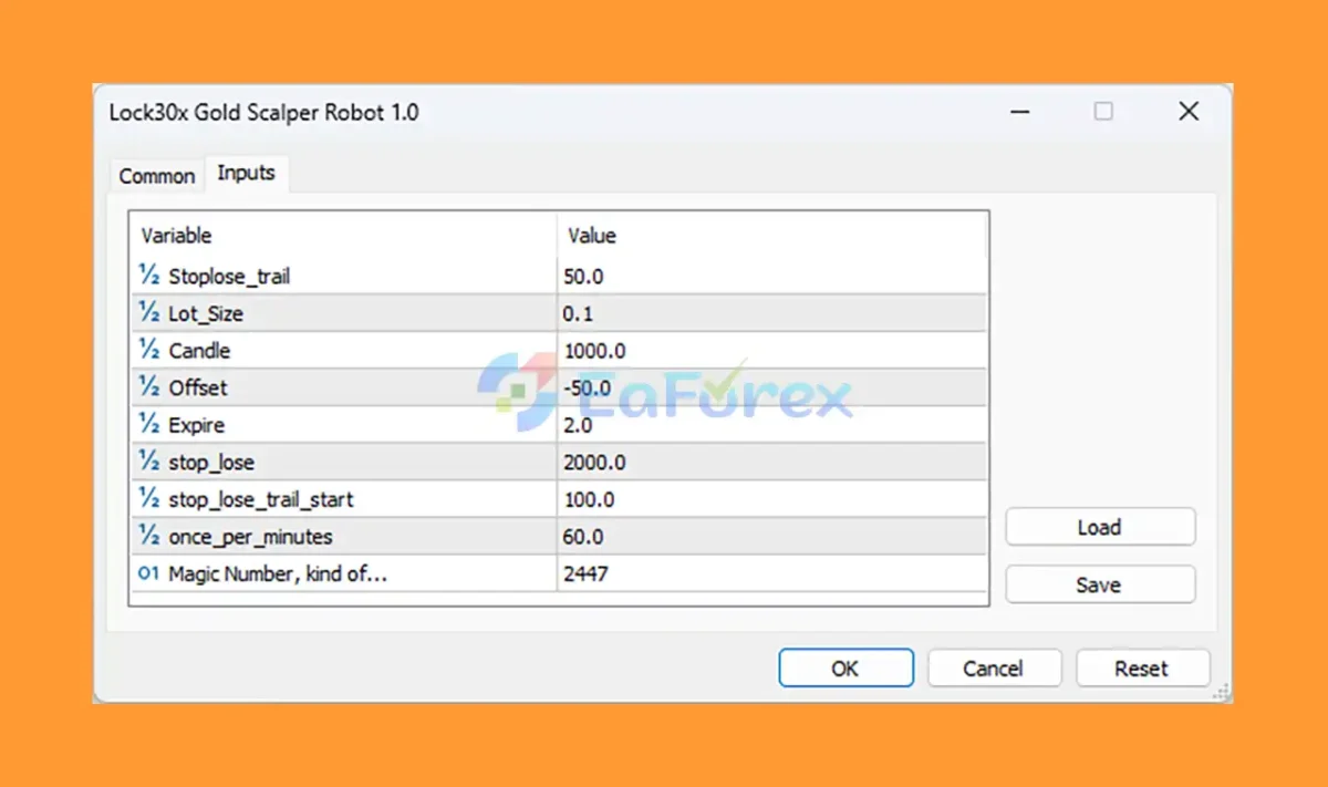 Lock30x Gold Scalper Robot MT5 setting