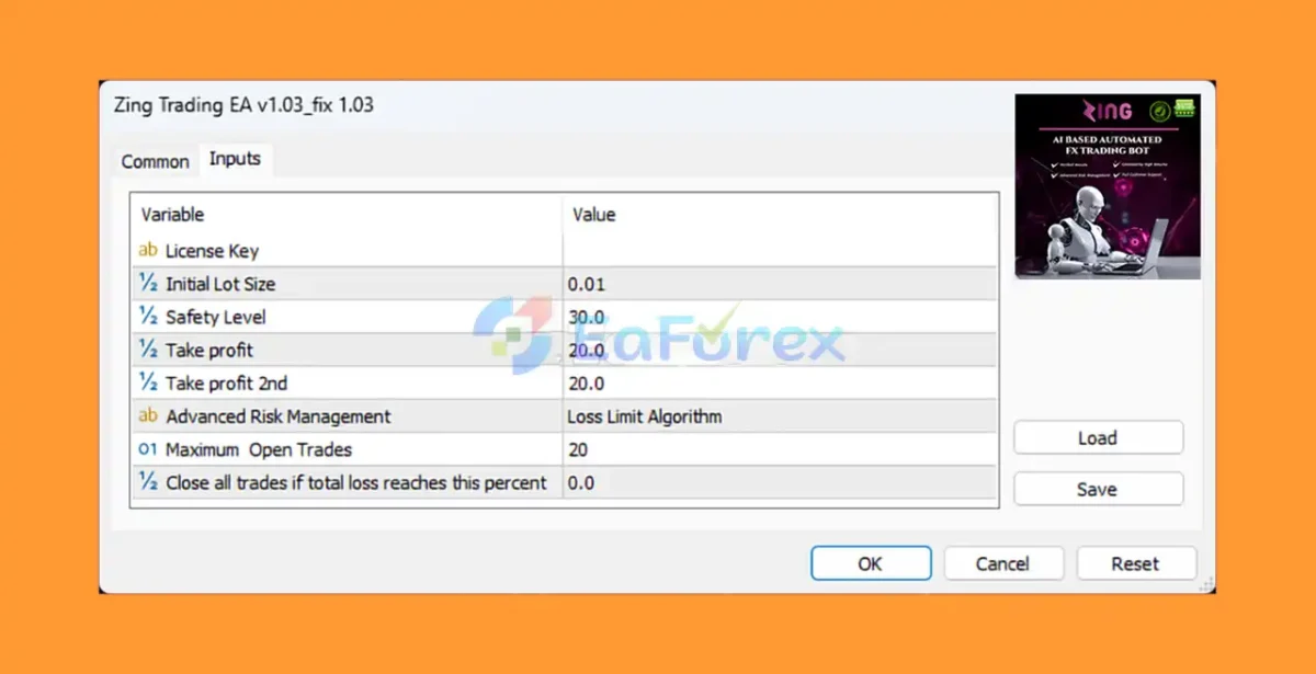 Zing Trading Bot MT5 Settings Panel