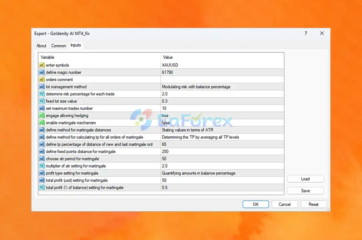 Goldenity AI EA MT4 setting