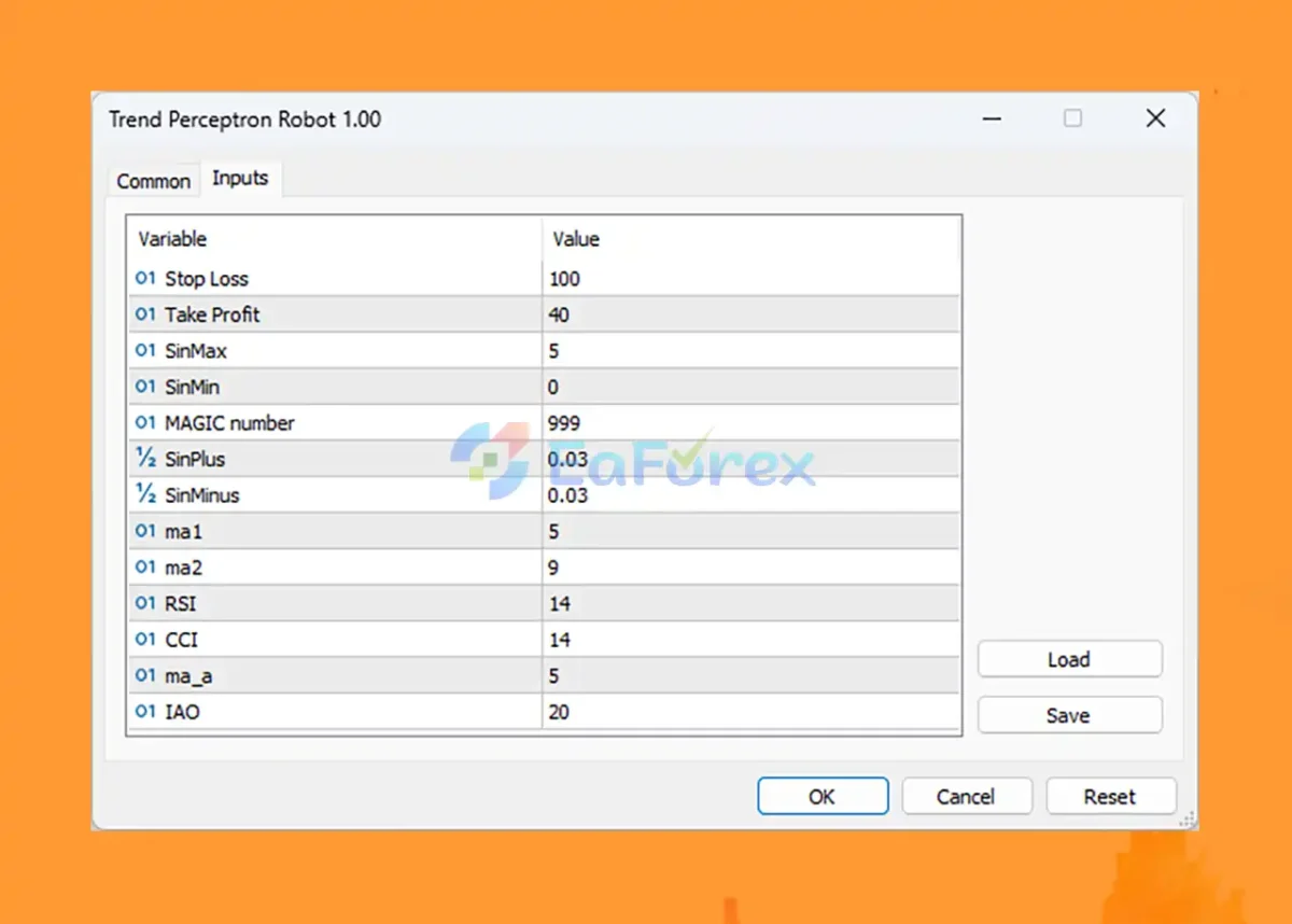 Trend Perceptron Robot MT5 setting