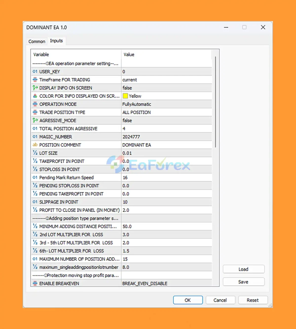 Dominant EA MT5 setting