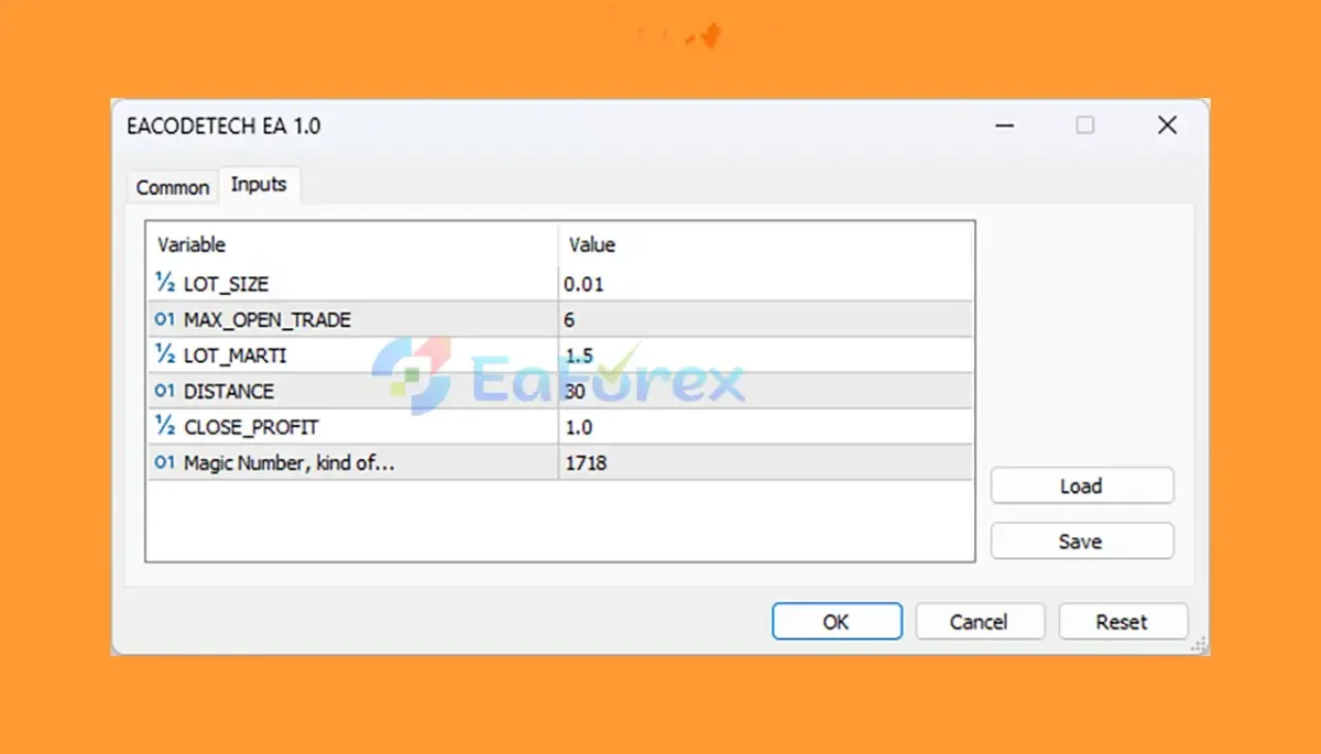 Eacodetech EA MT4 setting