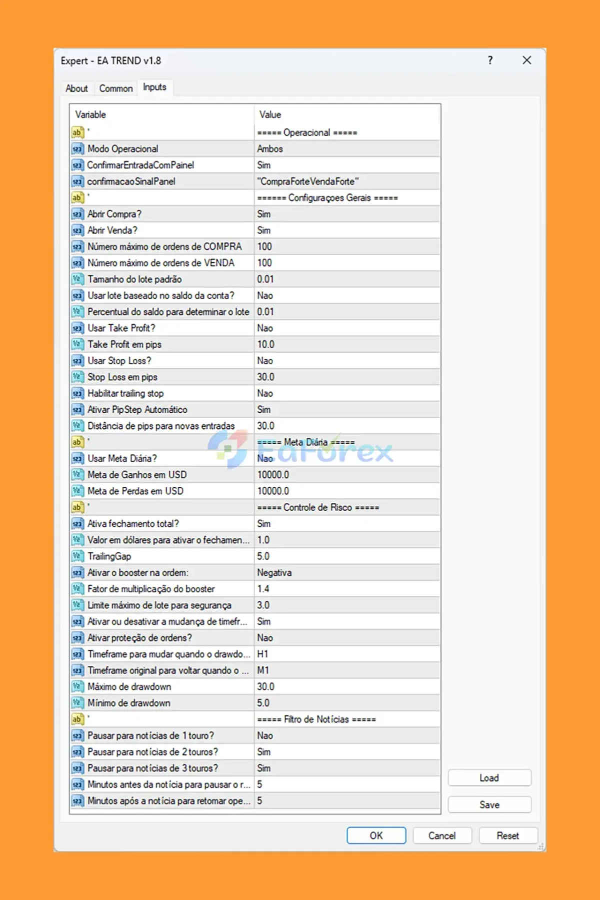 EA TREND MT4 setting