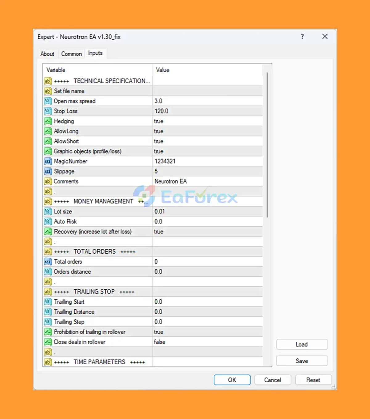 Neurotron EA MT4 setting