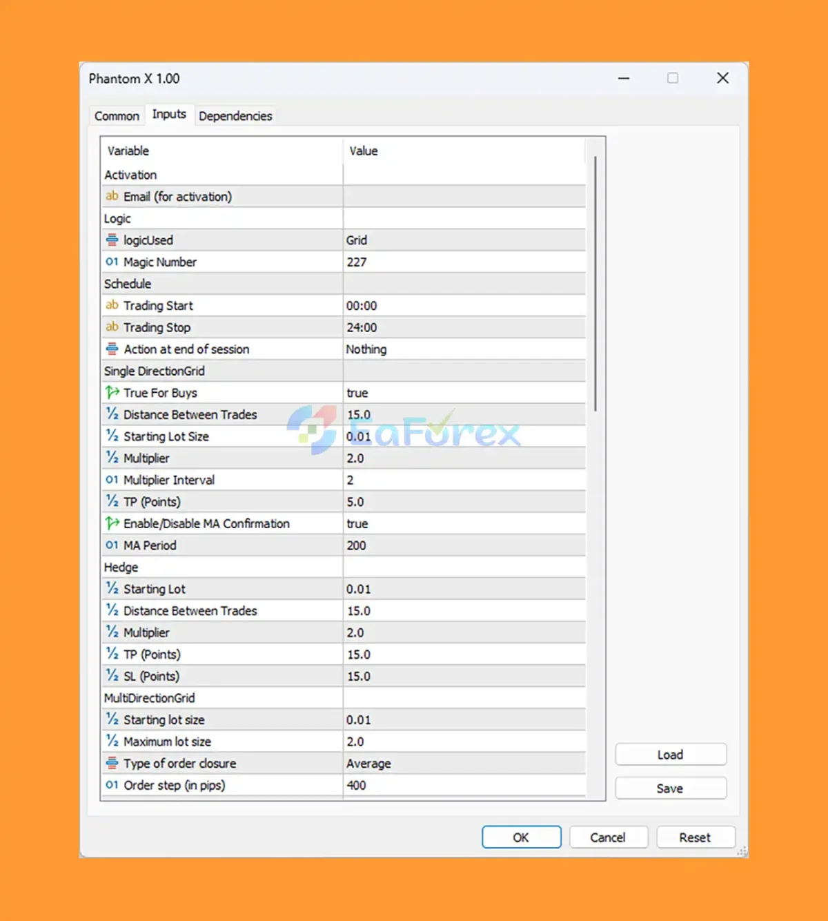 Phantom X MT5 setting