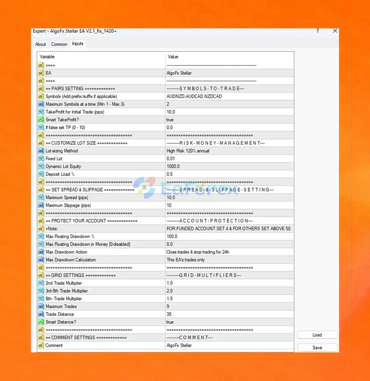 AlgoFX Stellar EA MT4 setting