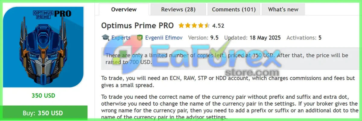 Optimus Prime PRO EA MT4 Overview