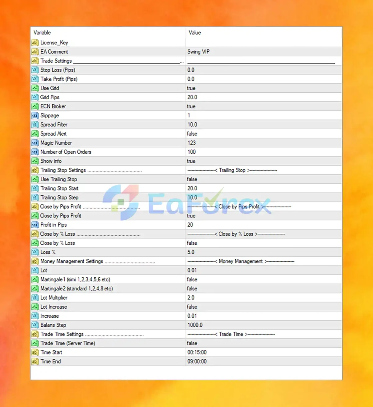 Swing VIP EA MT4 setting