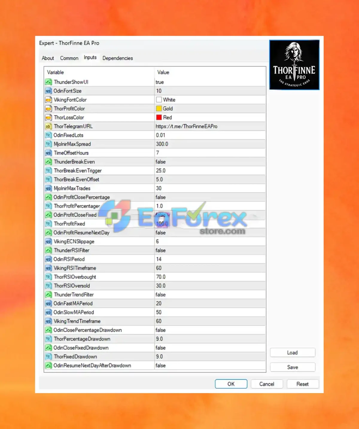 Thors EA Pro MT4 Settings Panel