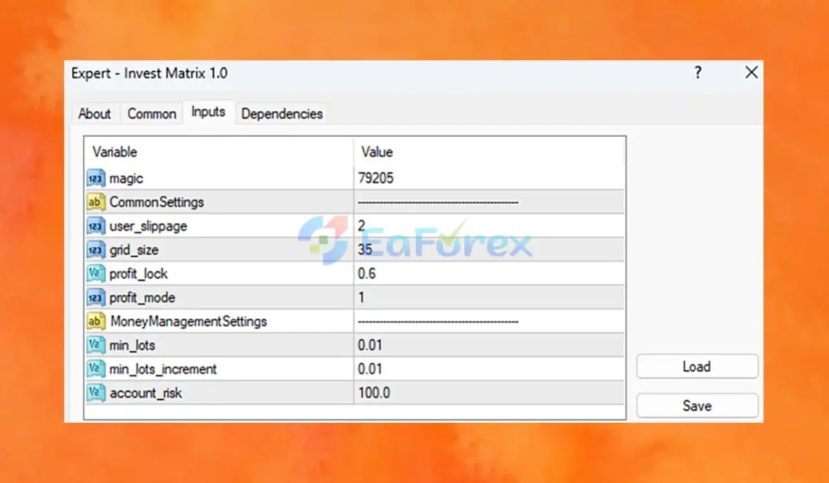 Invest Matrix EA MT4 setting