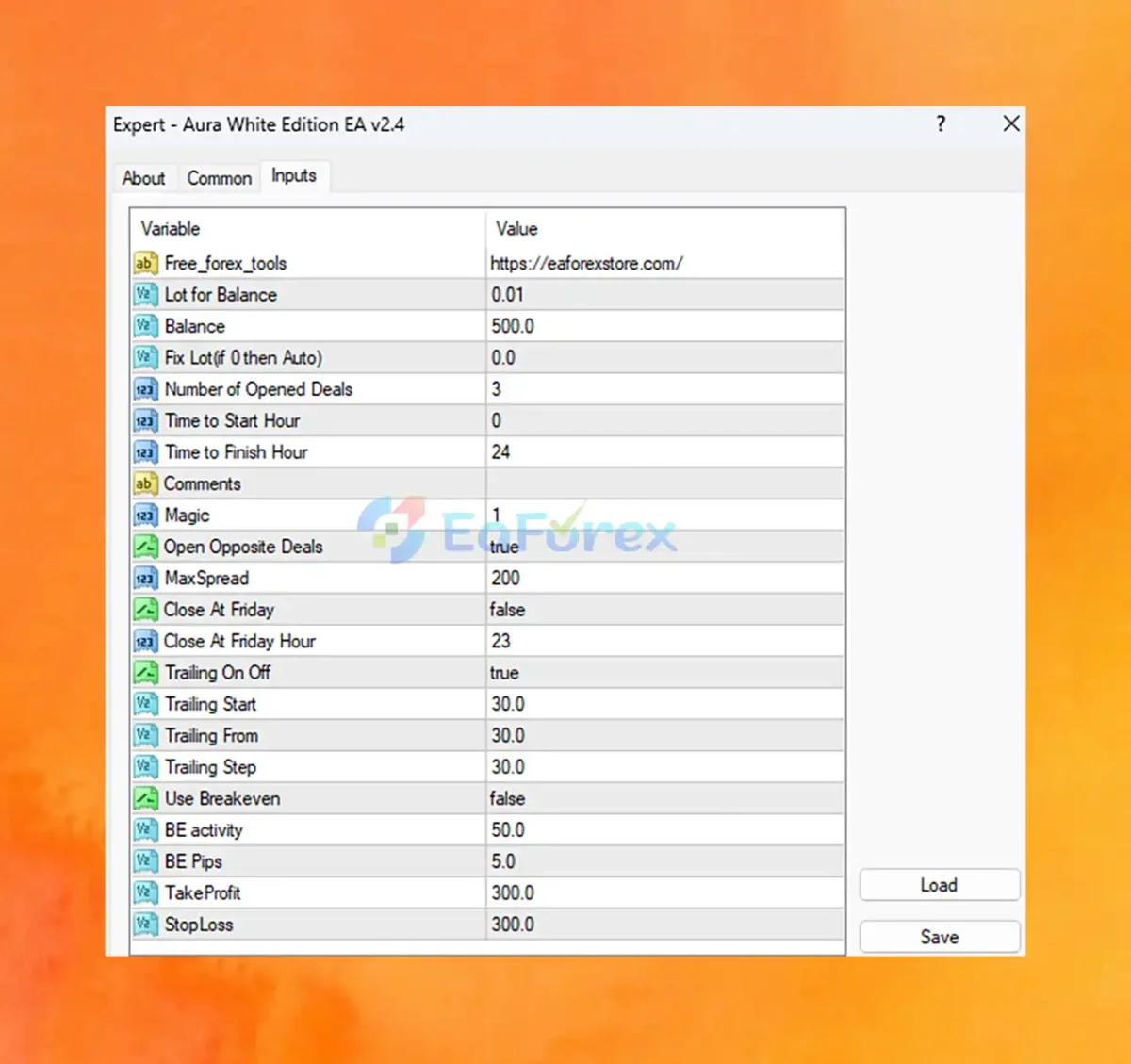 Aura White Edition EA MQ4 setting