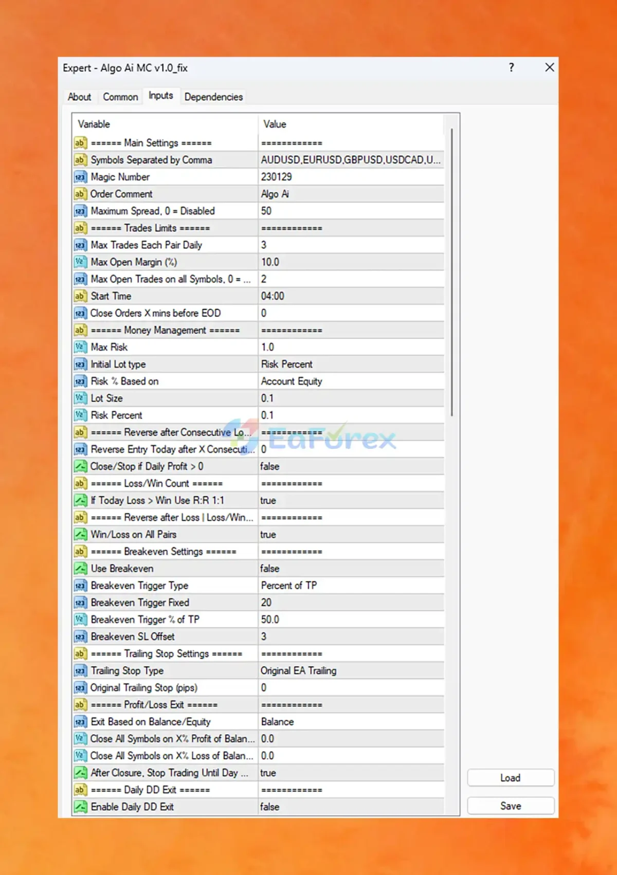 Algo Ai MC MT4 setting
