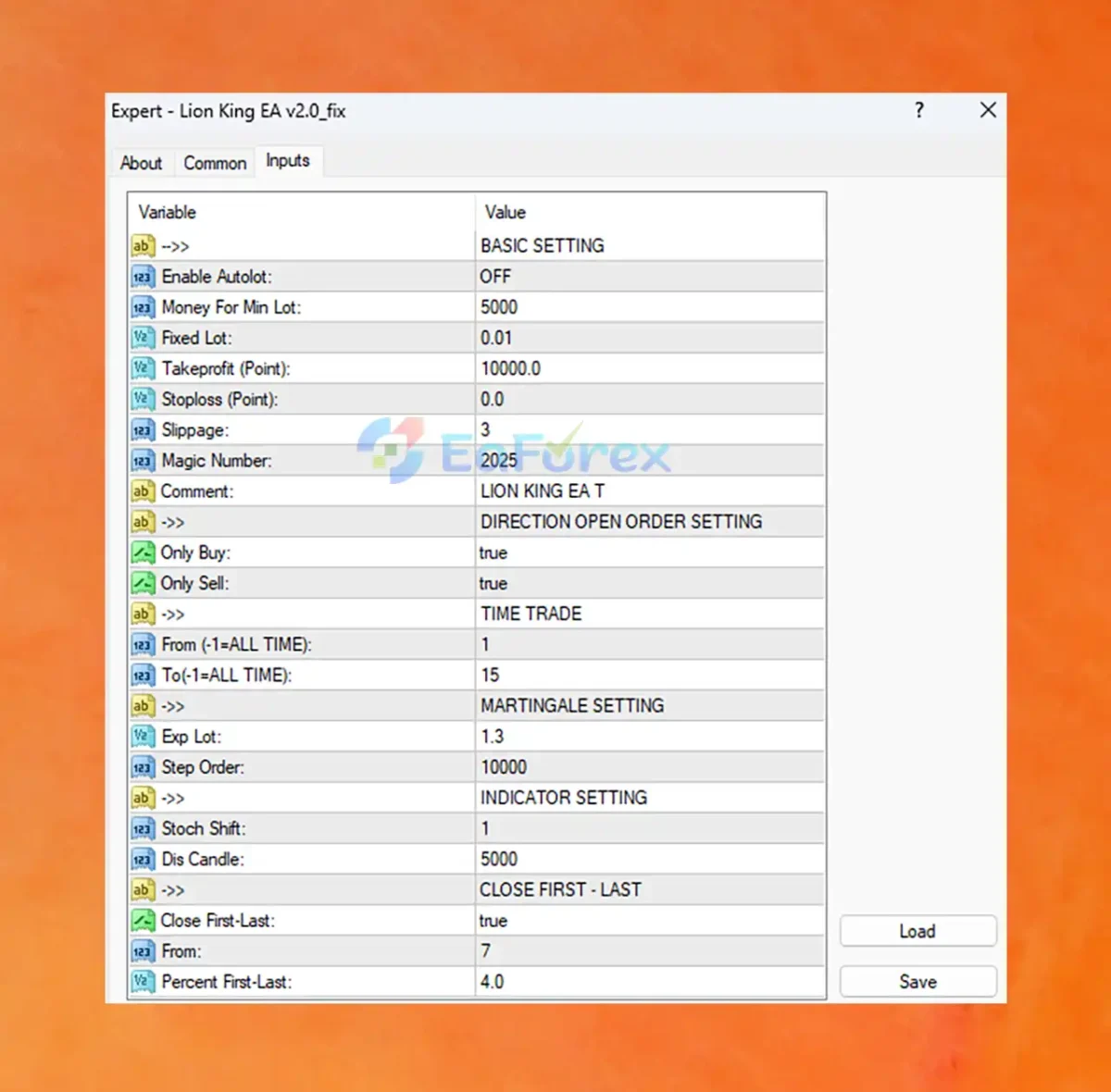 Lion King EA MT4 setting