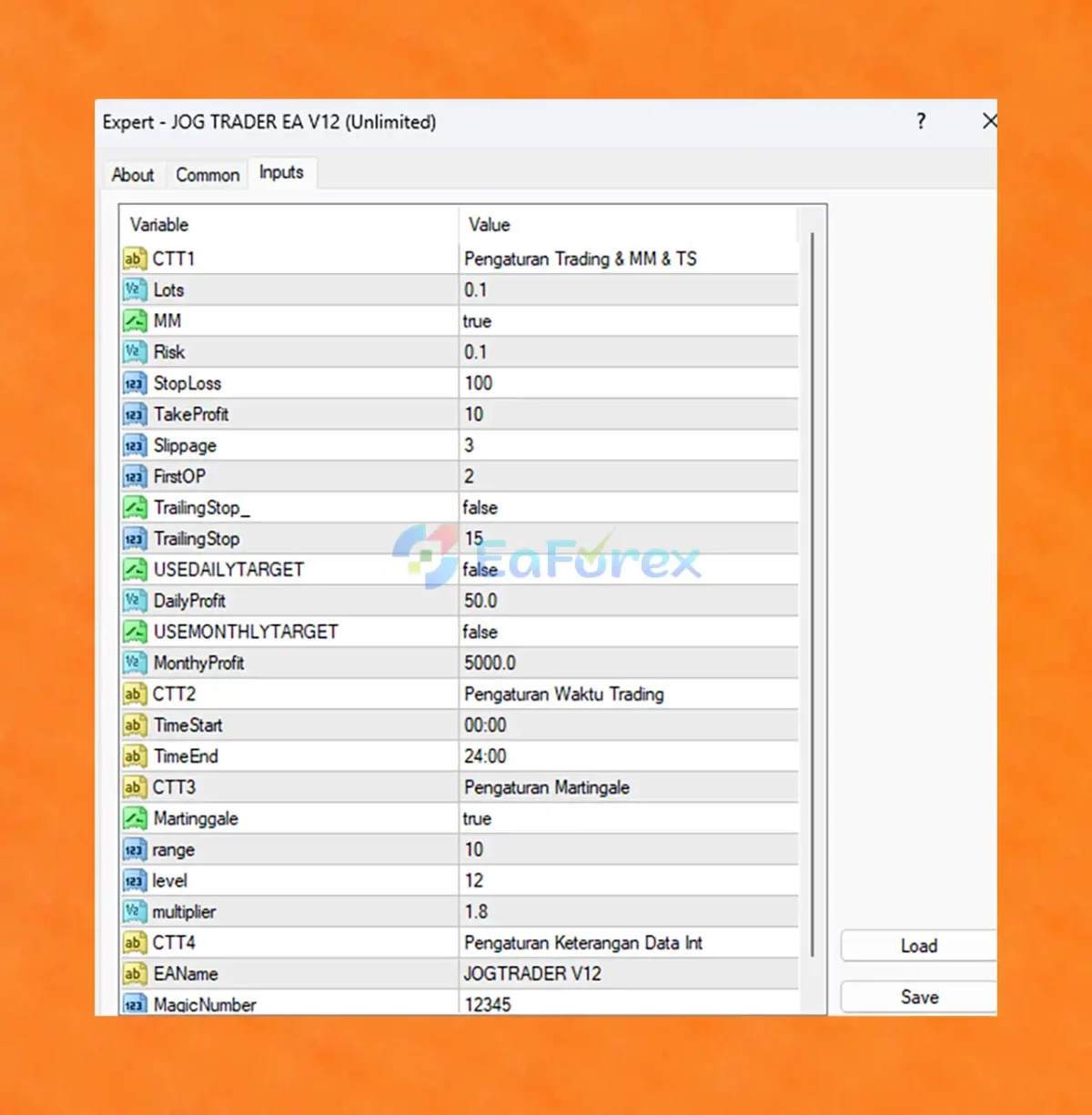Jog Trader EA V12 MT4 setting