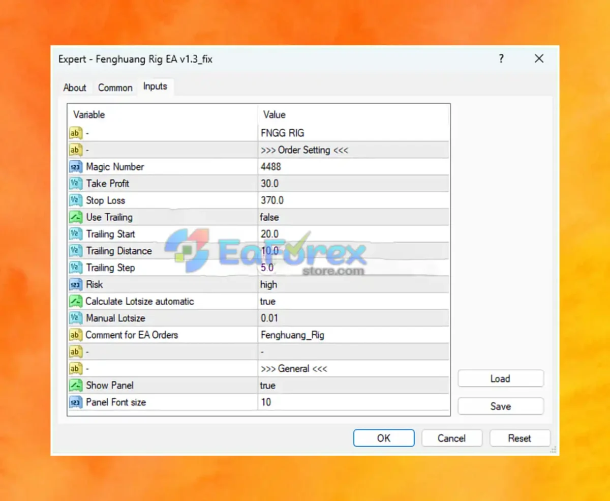 Fenghuang Rig EA MT4 Settings Panel