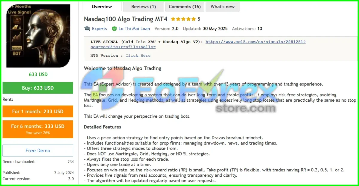 Nasdaq100 Algo Trading MT4 Overview