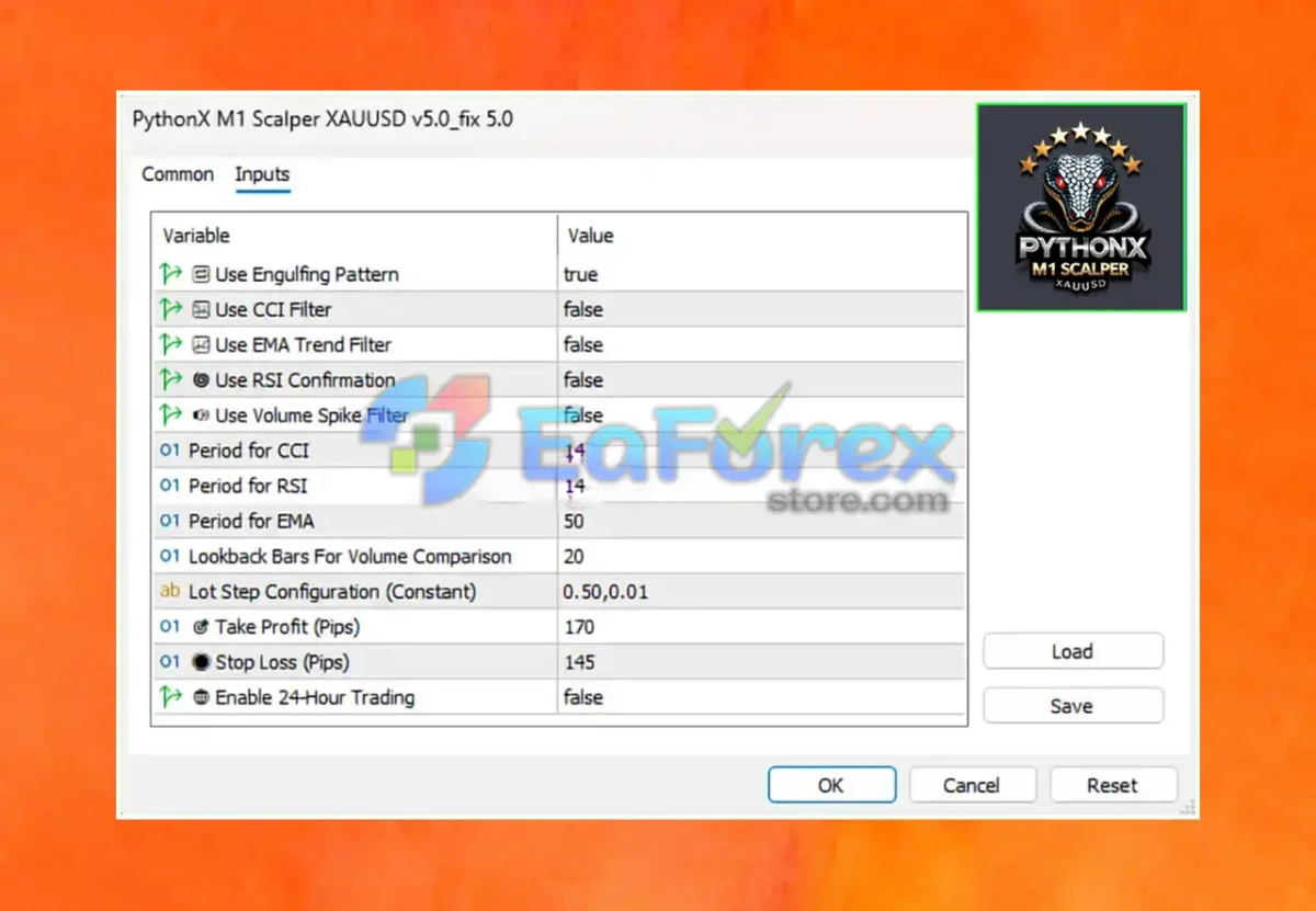 PythonX M1 Scalper XAUUSD MT5 Settings Panel