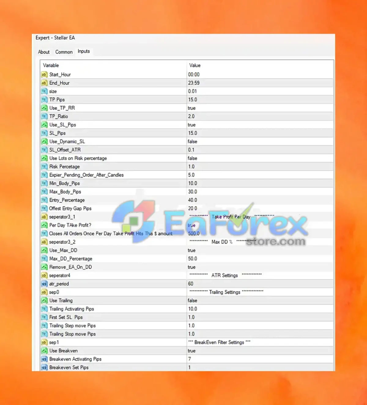 Stellar EA MT4 Settings Panel