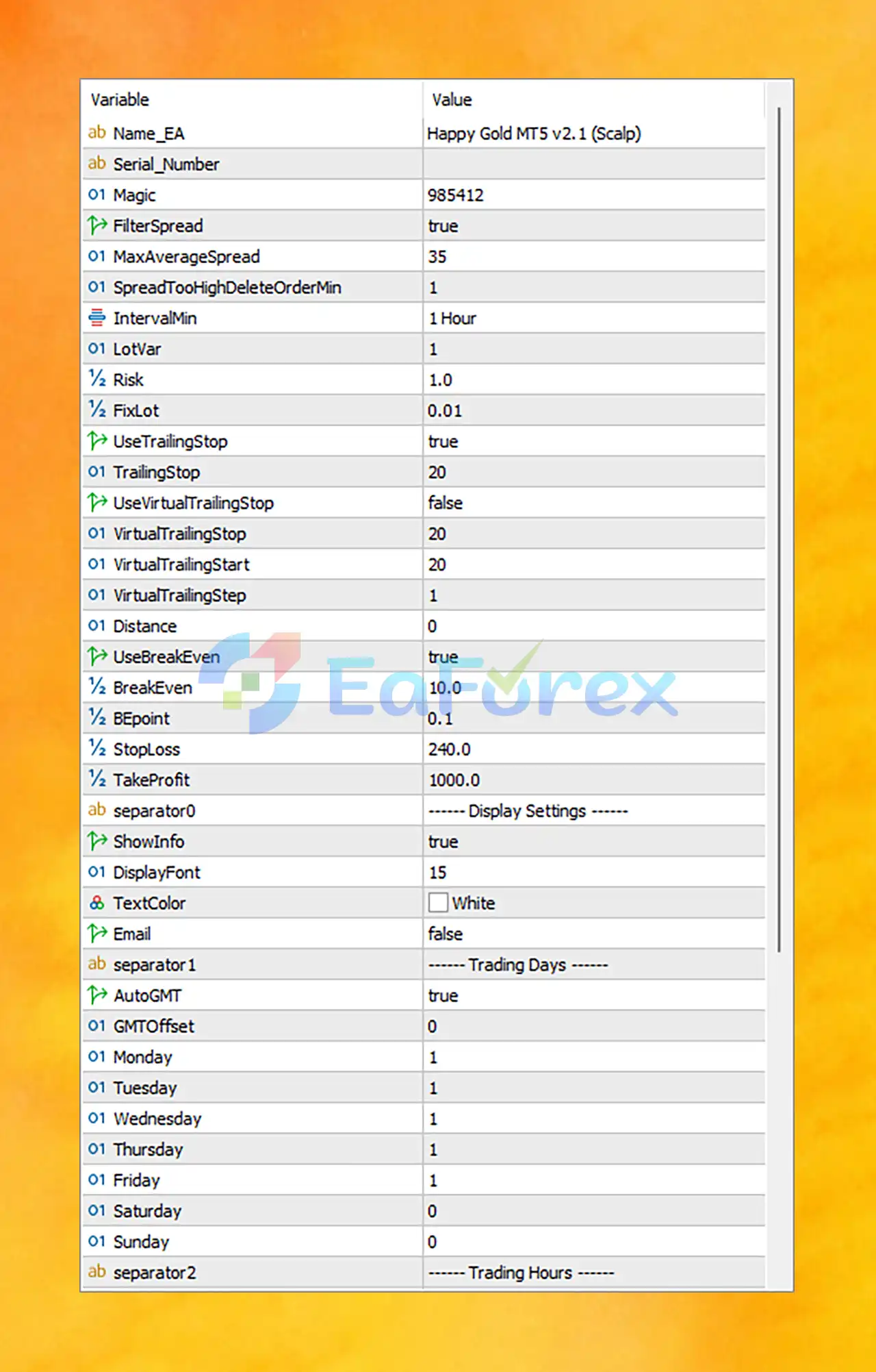 Happy Gold EA MT5 setting