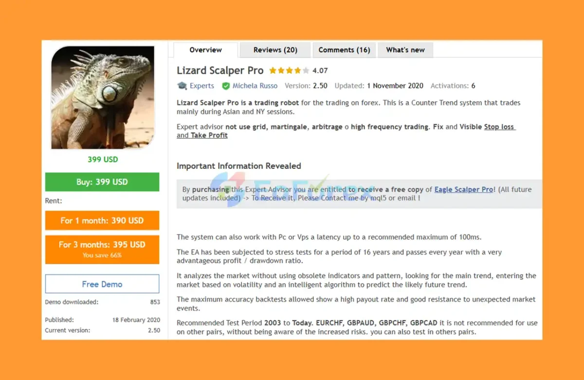 Lizard Scalper Pro EA MT4 overview