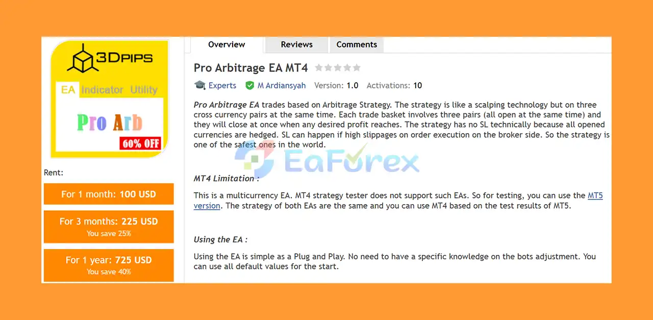 Pro Arbitrage EA MT4 Overviews