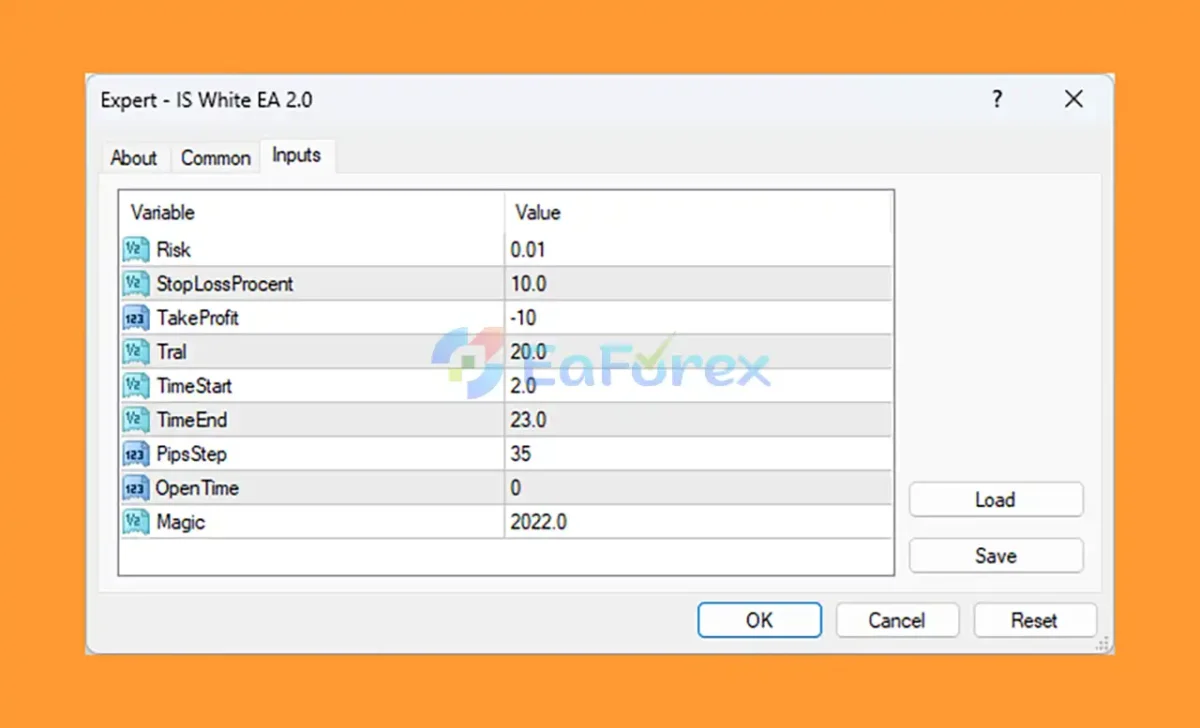 IS White EA v2.0 Source Code MQ4 setting