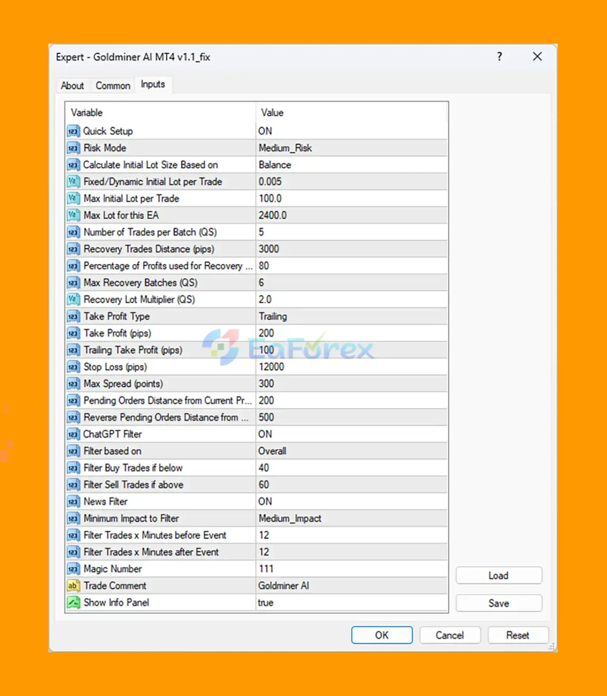 Goldminer AI MT4 setting
