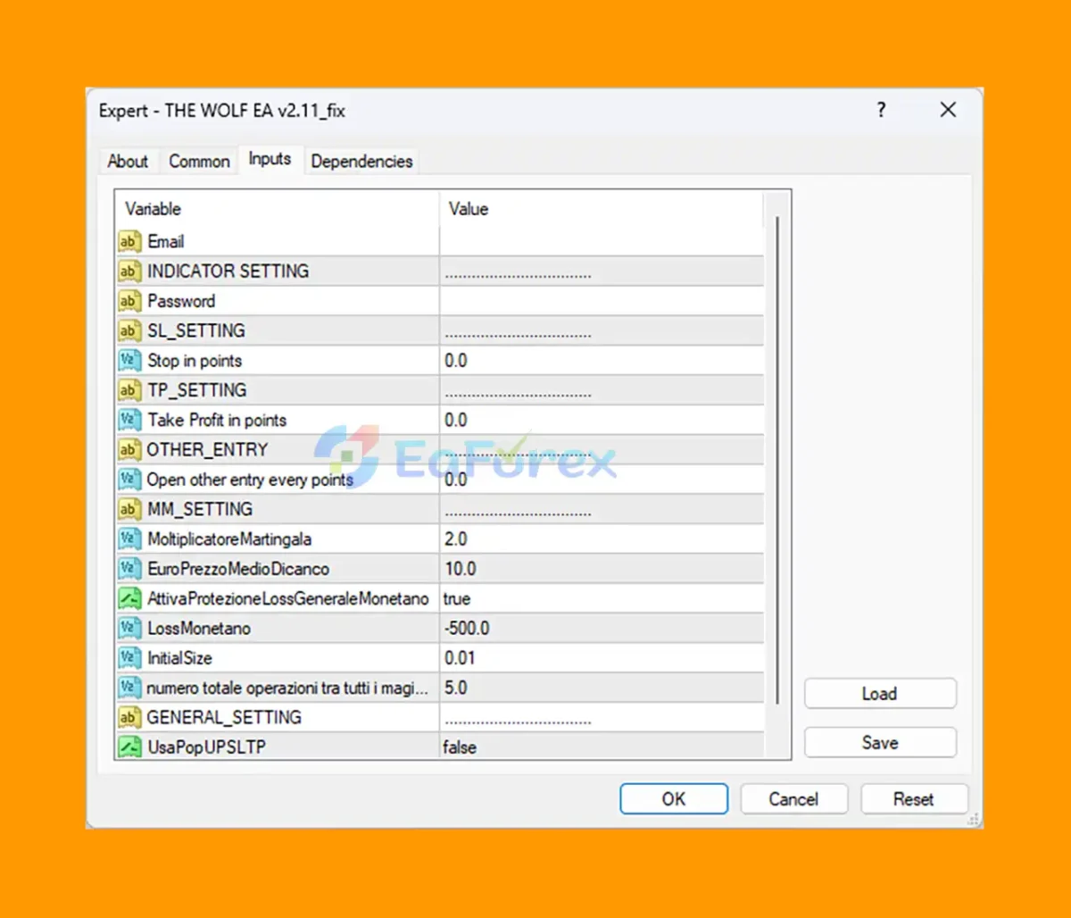 The Wolf EA v2.11 MT4 Setting