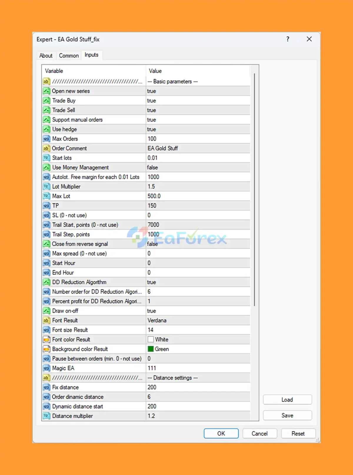 EA Gold Stuff MT4 setting