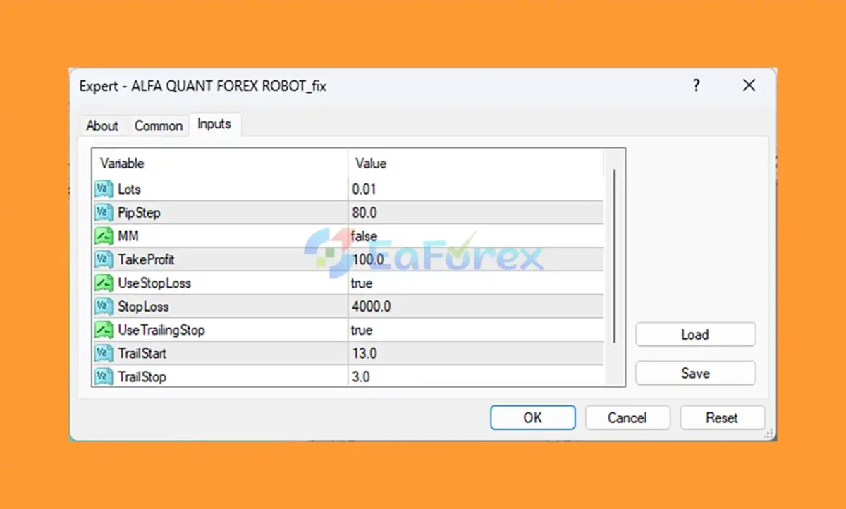 ALFA QUANT FOREX ROBOT MT4 setting