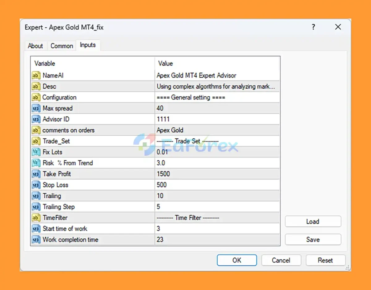 Apex Gold MT4 setting