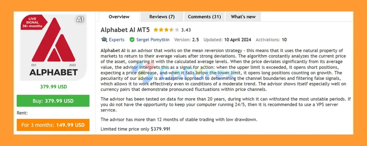 Alphabet AI EA MT5 overiew