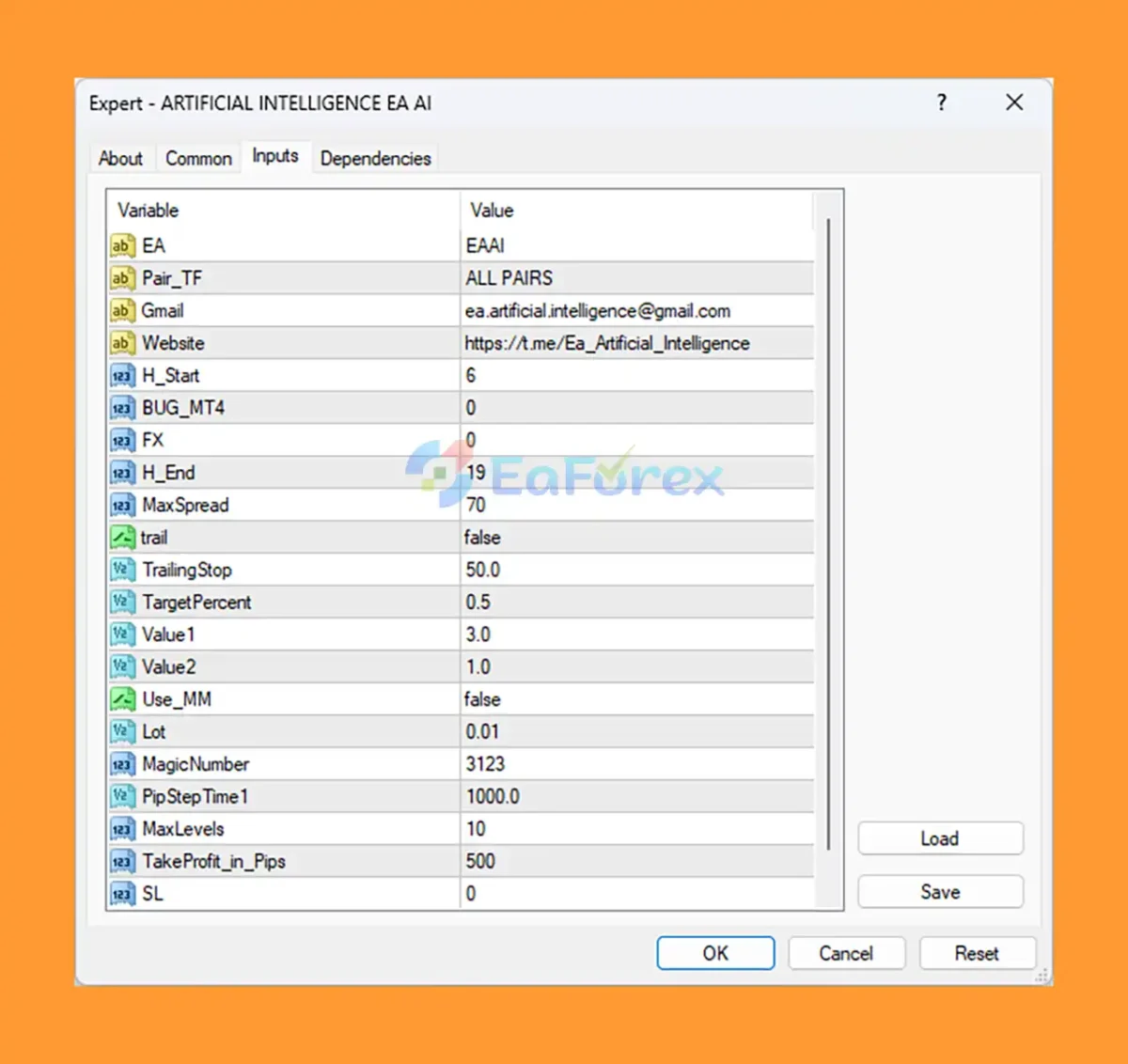 Artificial Intelligence EA AI MT4 setting