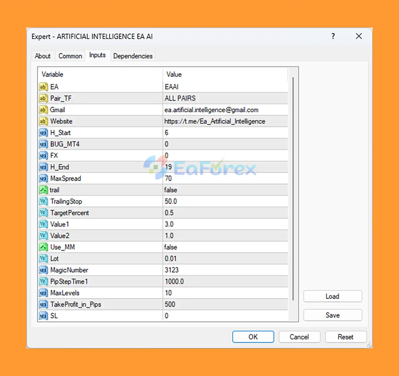 Artificial Intelligence EA AI MT4 setting