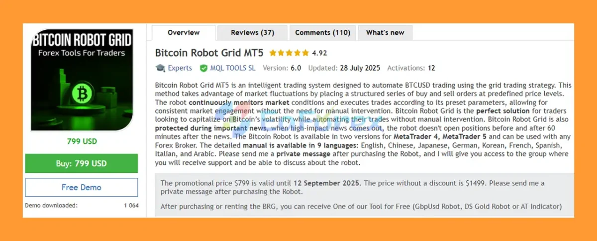 Bitcoin Robot Grid MT5 Overview