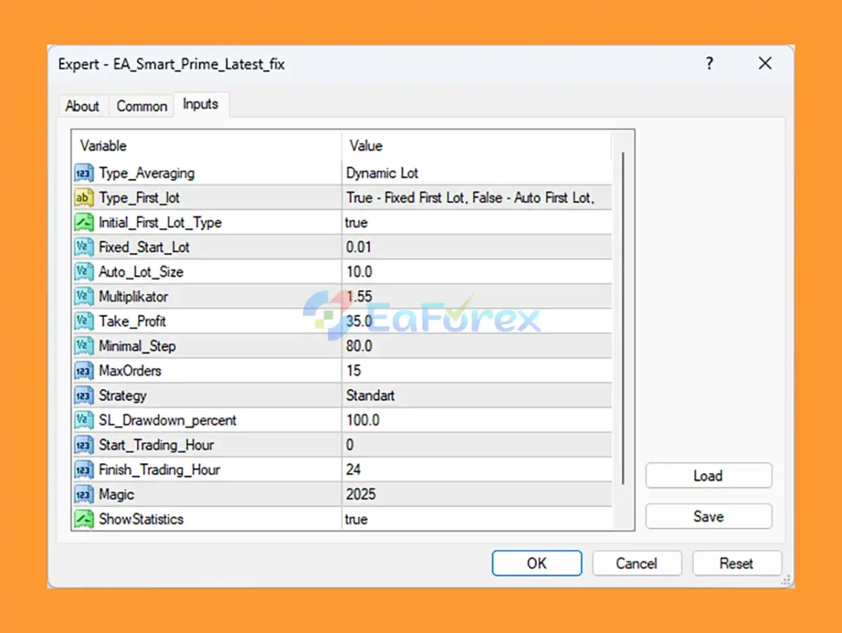 EA Smart Prime MT4 setting