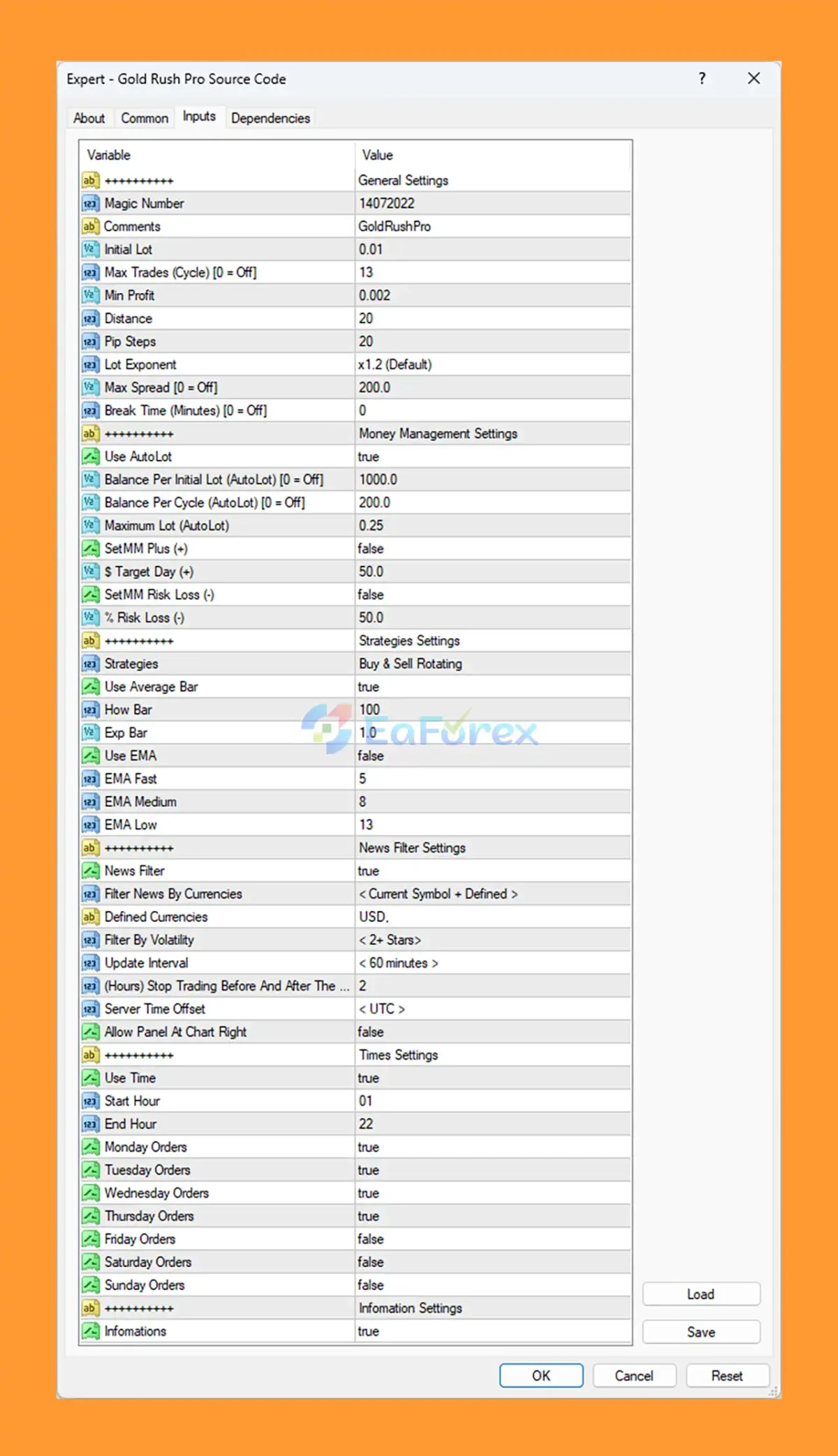 Gold Rush Pro EA Source Code MQ4 setting