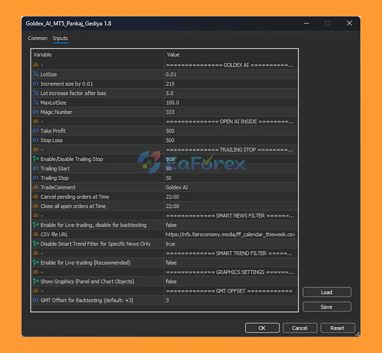 Goldex AI EA MT5 setting