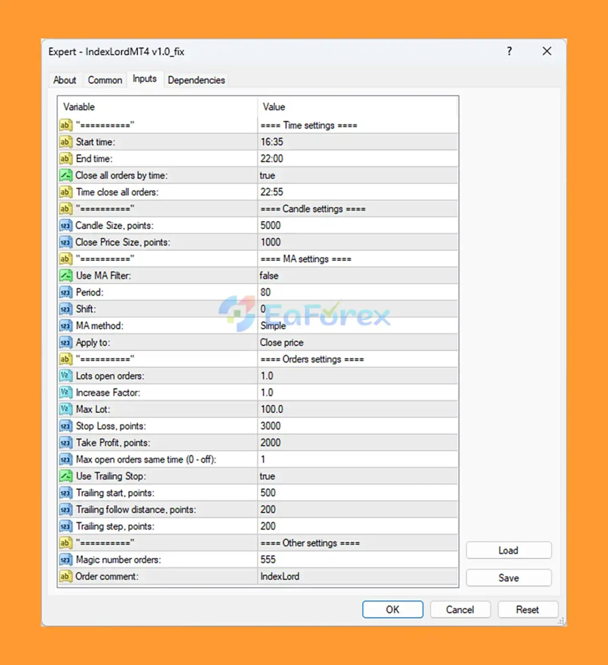 Index Lord EA setting
