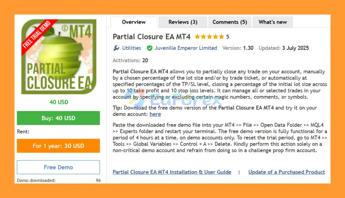 Partial Closure EA MT4 overiview