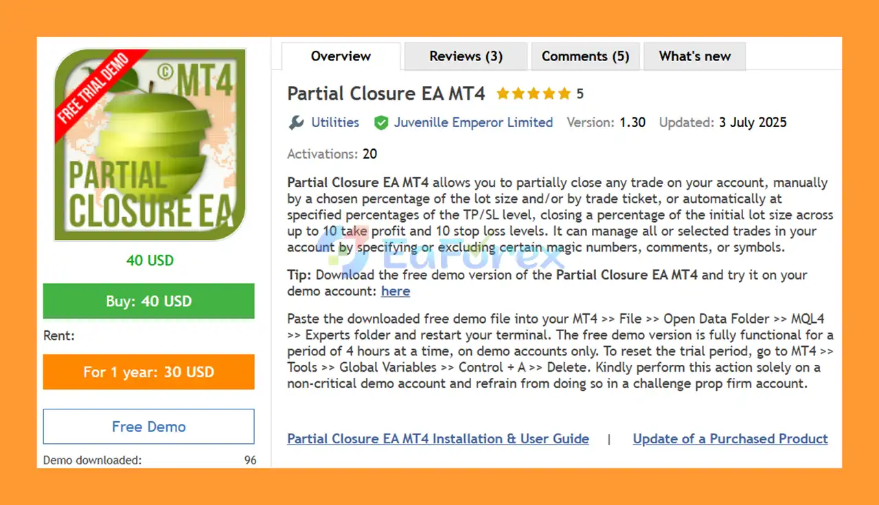 Partial Closure EA MT4 overiview