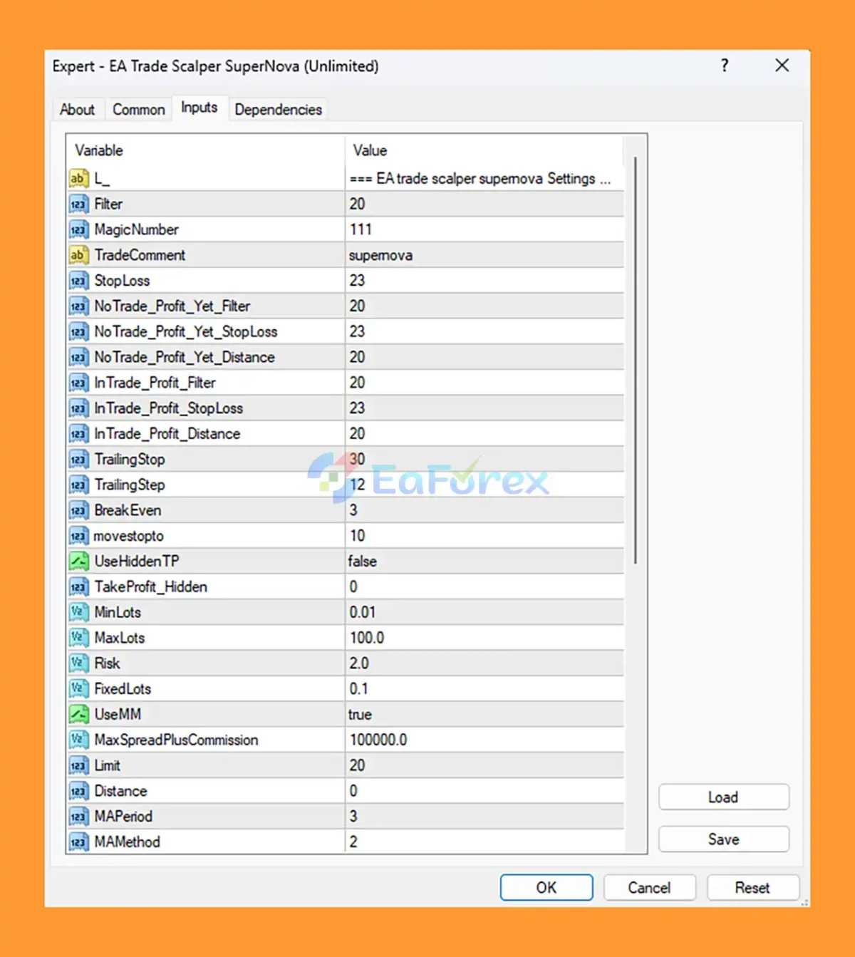 EA Trade Scalper SuperNova MT4 setting