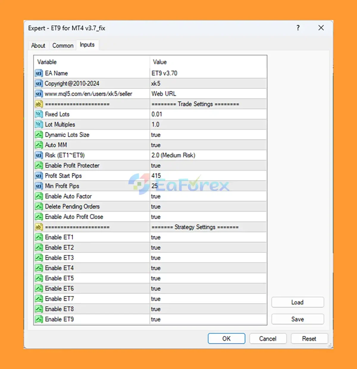 ET9 for MT4 SETTING