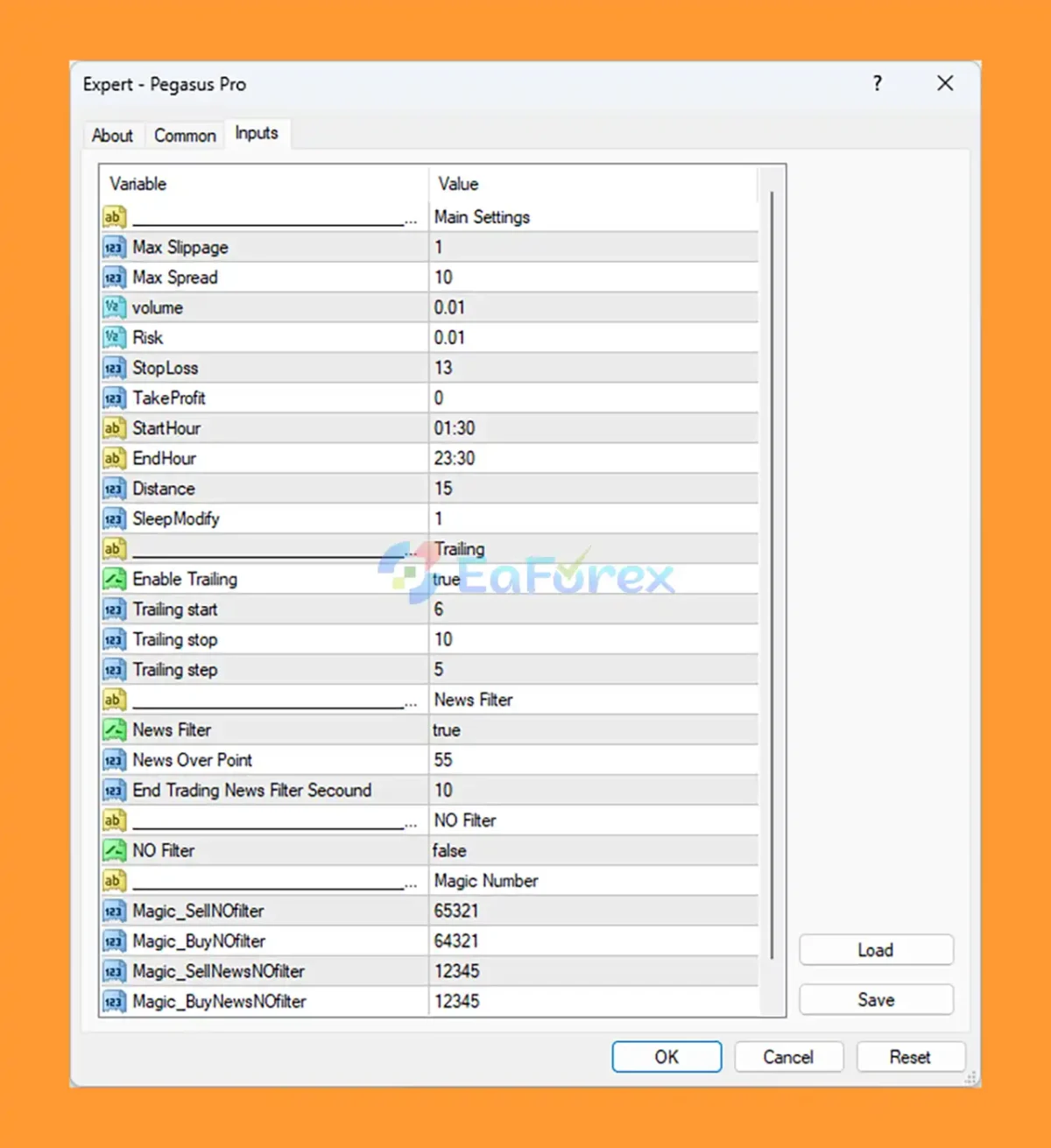 Pegasus Pro EA setting
