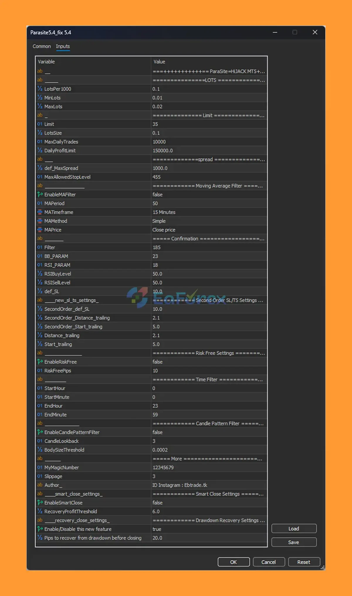 Parasite EA MT5 setting