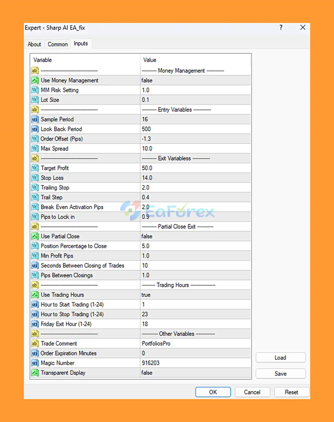 Sharp AI EA MT4 setting