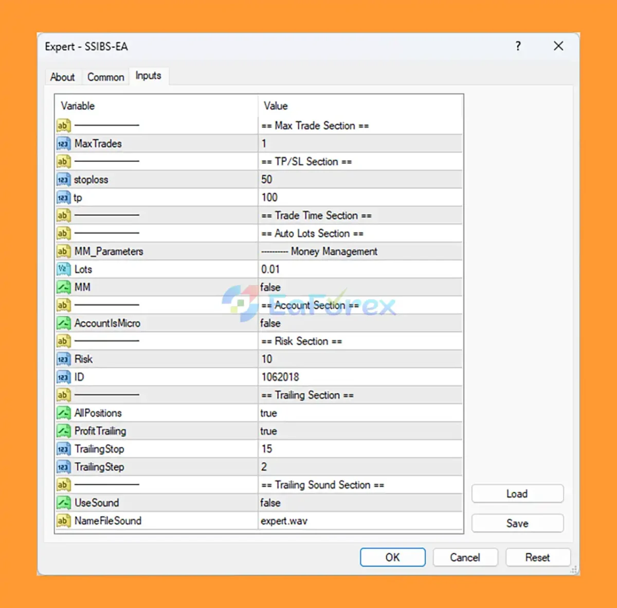 Expert SSIBS EA MT4 setting
