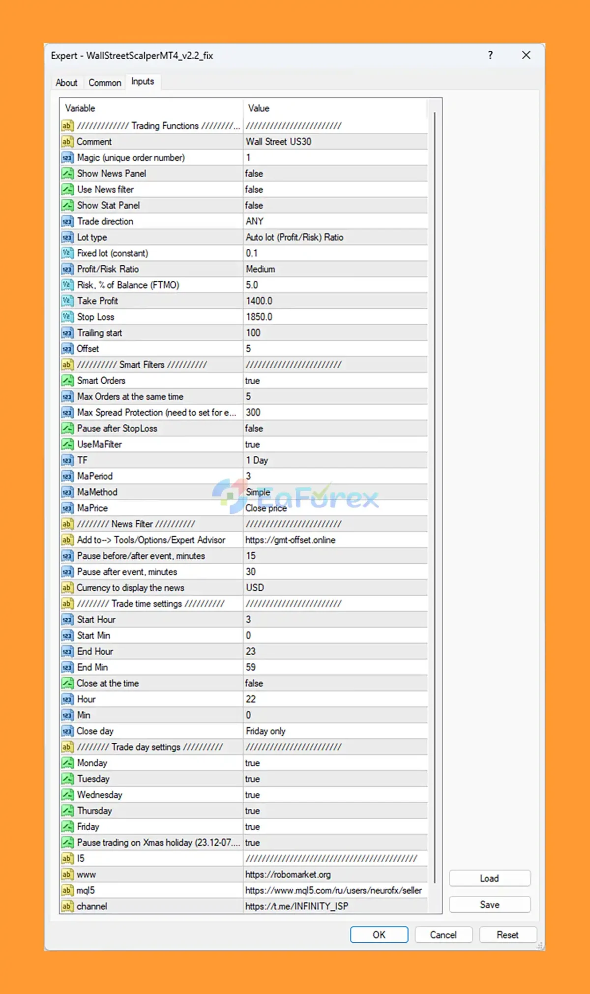 Wall Street Scalper MT4 setting