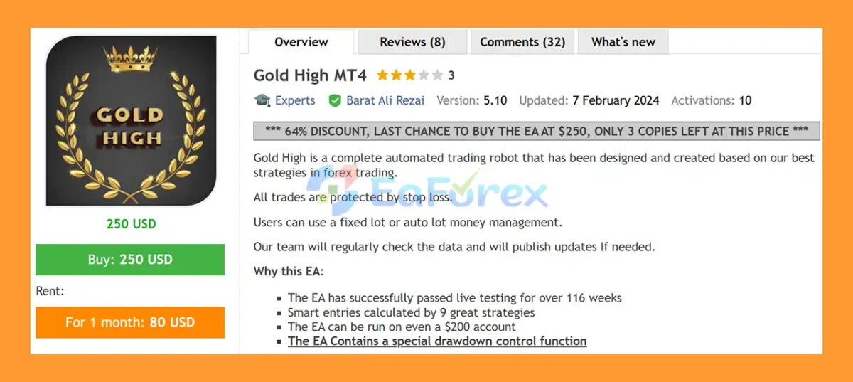 Gold High EA MT4 Overview