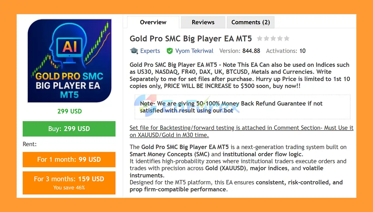 Gold Pro SMC Big Player EA MT5 Overview
